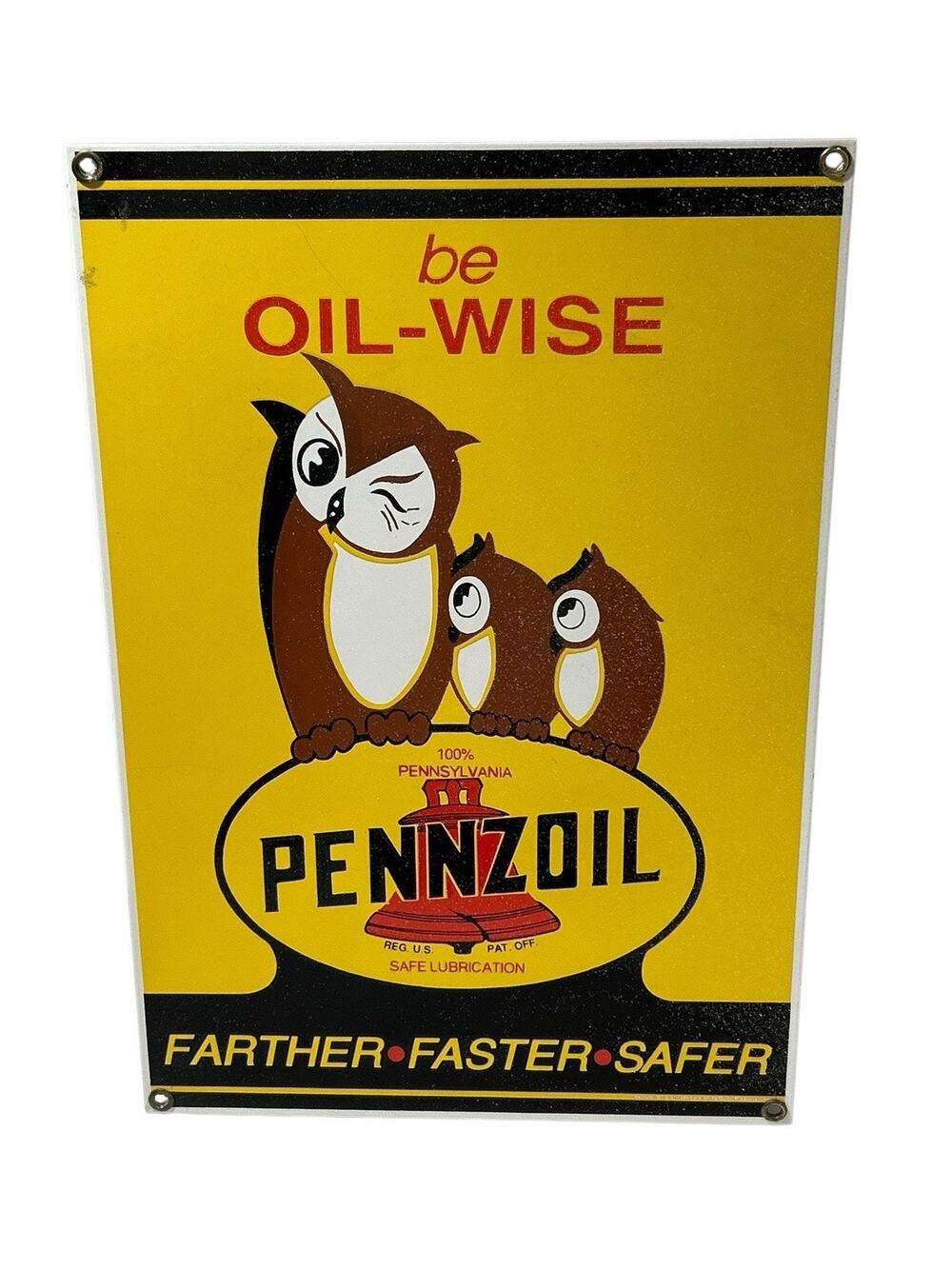 Vintage Pennzoil Original Porcelain Sign Owls Be-Oil Wise 12.75" x 8.75" Yellow